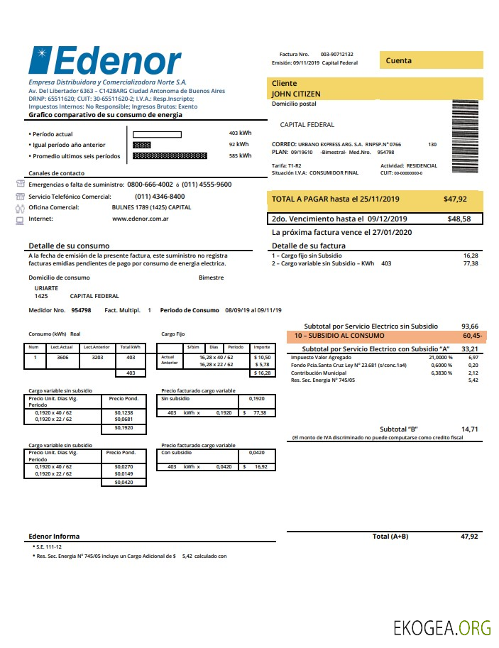 Argentina Edenor easy to fill utility bill template in Word (.doc) and PDF (.pdf) format